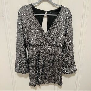 O.P.T. Anthropologie Silver Grey Sequin Deep V Neck Mini Party Dress Small NWT